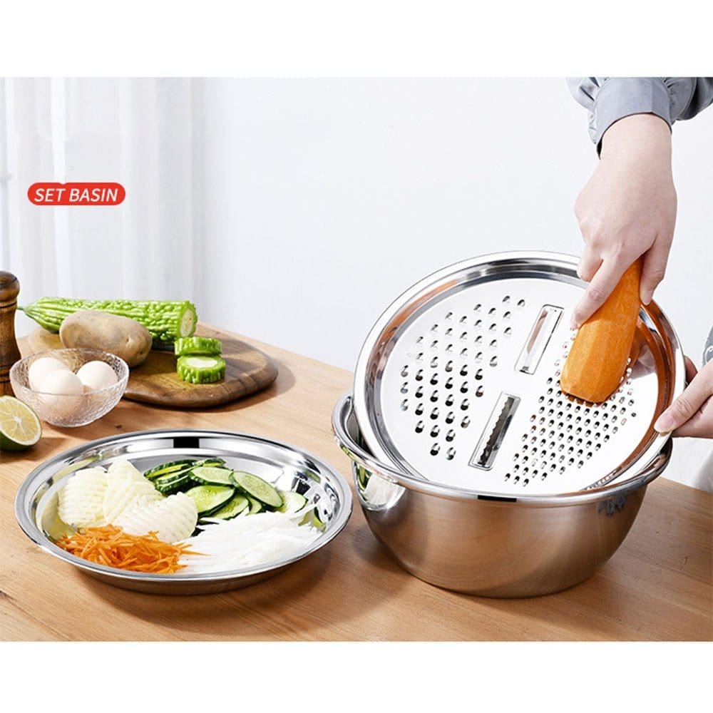 3PCS Multifunctional Stainless Steel Kitchen Graters Vegetable Slicer Vegetable Cutter Drain Basket Set Drain Basin for Fruit|Graters|