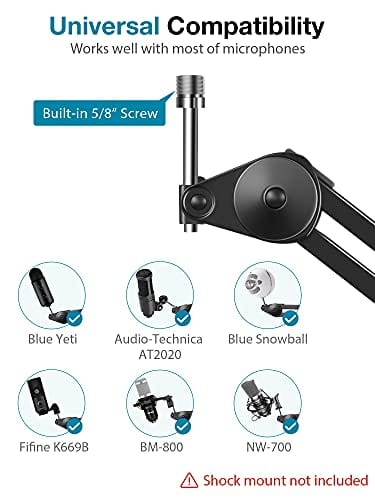 nnoGear Microphone Arm Stand, Heavy Duty Mic Arm Microphone Stand Suspension Scissor Boom Stands with Mic Clip and Cable Ties