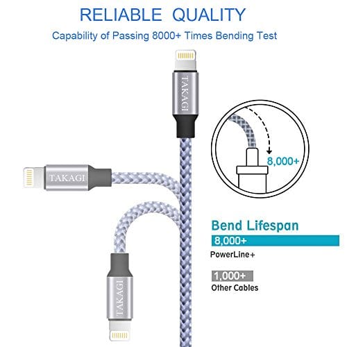 iPhone Charger, TAKAGI Lightning Cable 3PACK 6FT Nylon Braided USB Charging Cable High Speed Data Sync Transfer Cord