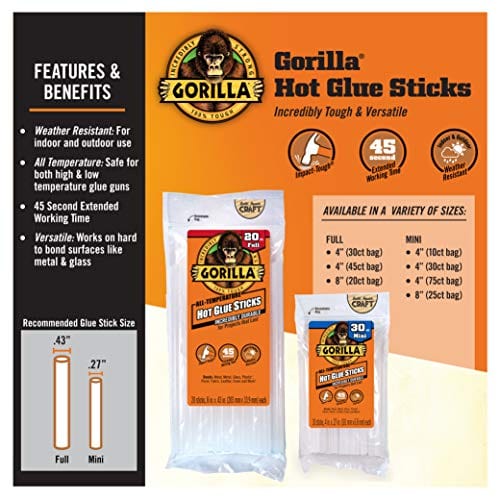 Gorilla Hot Glue Sticks, Full Size, 8