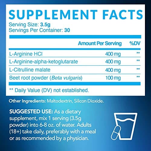 Havasu Nutrition Extra Strength L-Arginine Pre Workout Powder; 1200 mg Nitric Oxide Supplement for Muscle Growth and Energy; 30 Servings (3.7 G)