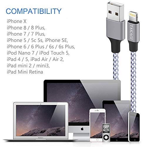 iPhone Charger, TAKAGI Lightning Cable 3PACK 6FT Nylon Braided USB Charging Cable High Speed Data Sync Transfer Cord