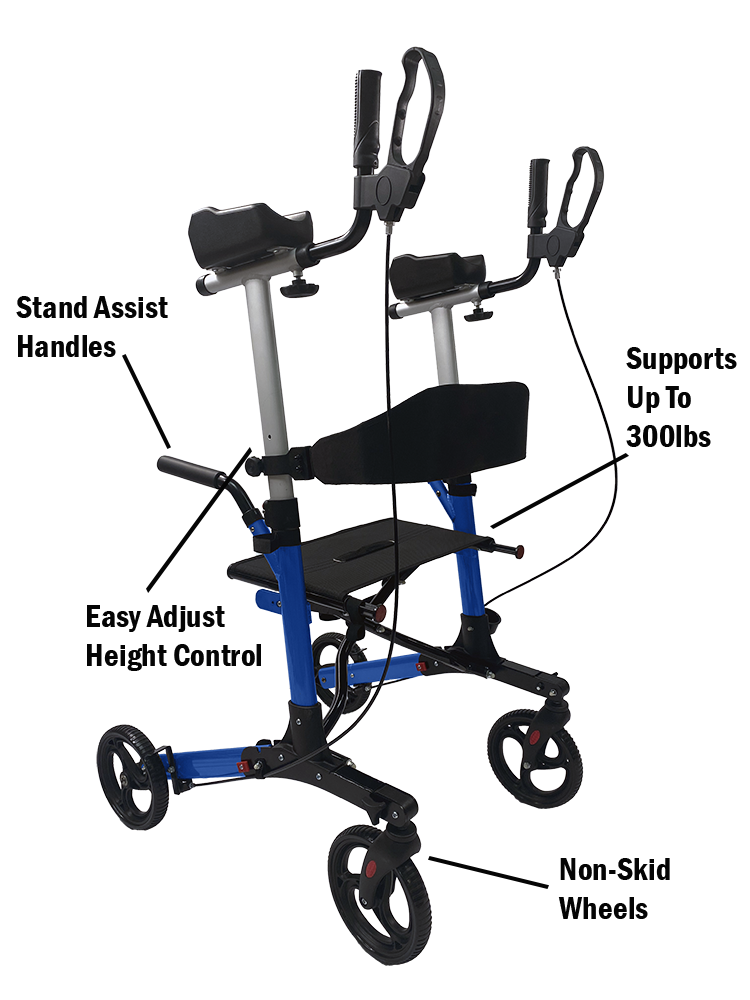 The elenker Walker: supports up to 300 pounds, has stand assist handles, has easy adjust height control and non-skid wheels.