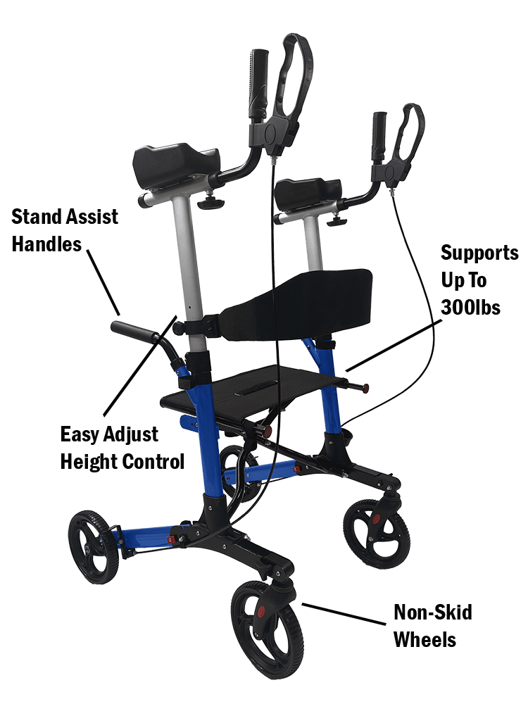 The elenker Walker: supports up to 300 pounds, has stand assist handles, has easy adjust height control and non-skid wheels.