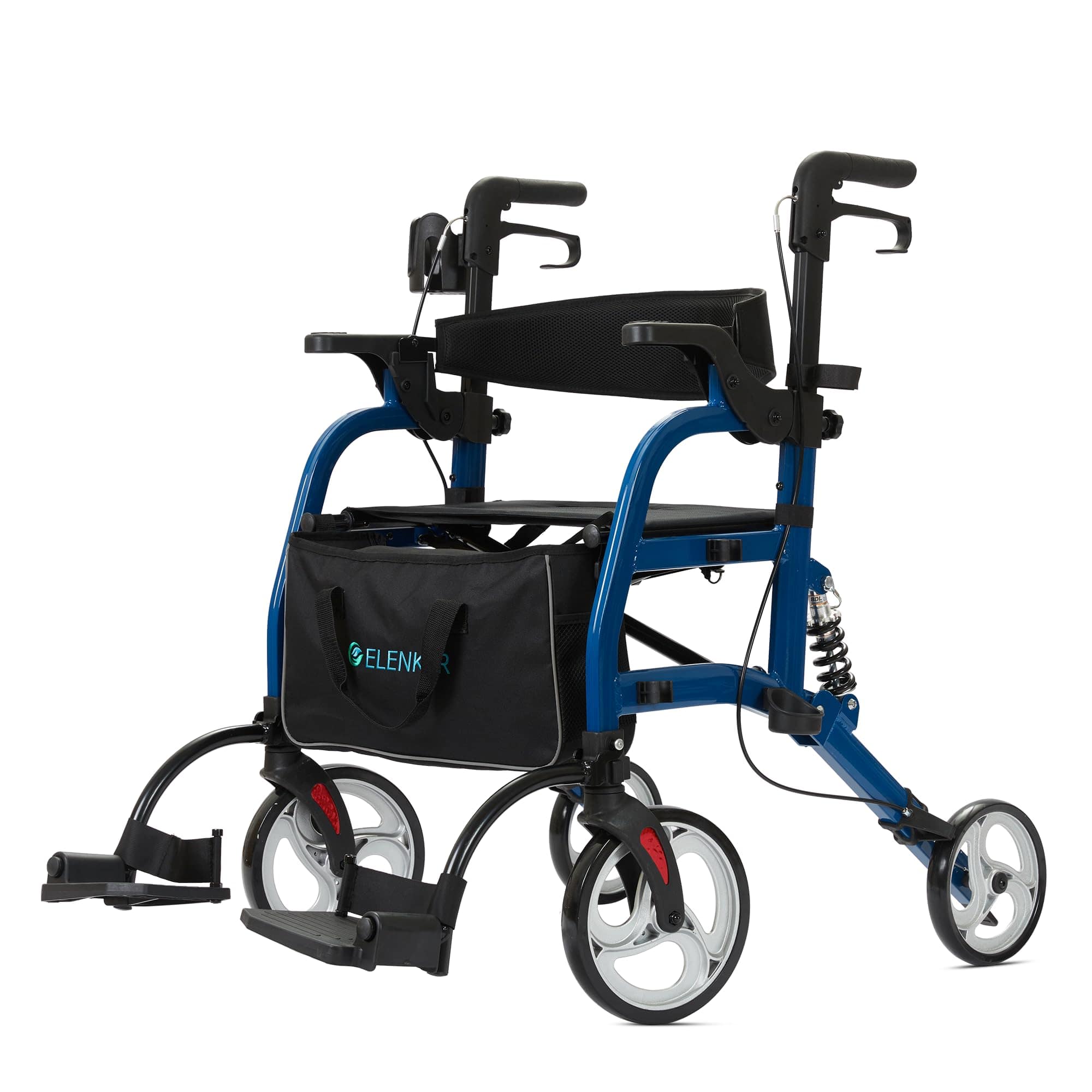 HFK-9294  ELENKER? 2 in 1 Rollator Walker & Transport Chair for Seniors Folding Rolling Walker Wheelchair Combo with Wide Seat and Shock Absorber Blue