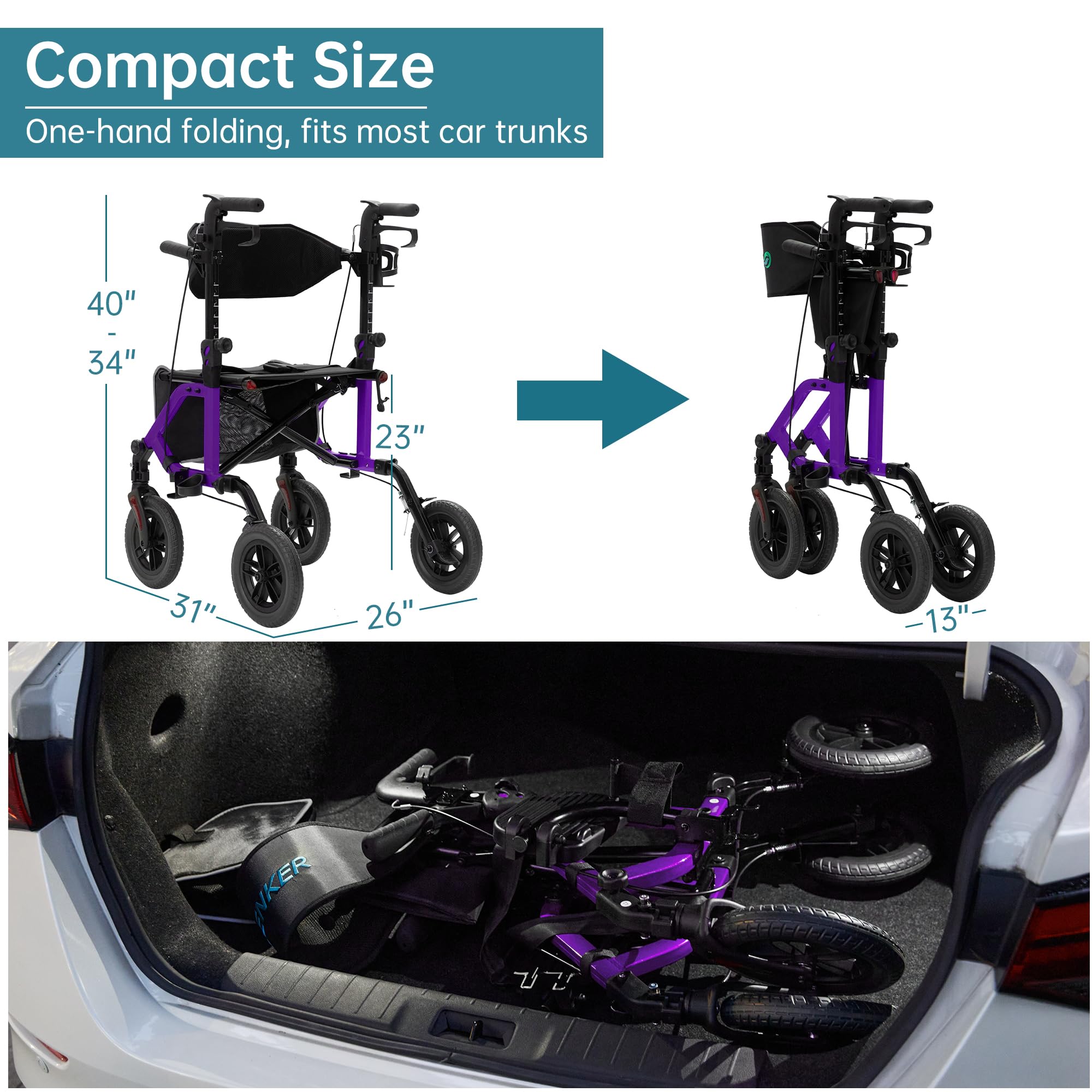 ELENKER? KLD-9224 All-Terrain 2 in 1 Rollator Walker & Transport Chair, Folding Wheelchair with 10in Non-Pneumatic Wheels for Seniors, Reversible Backrest & Detachable Footrests Purple