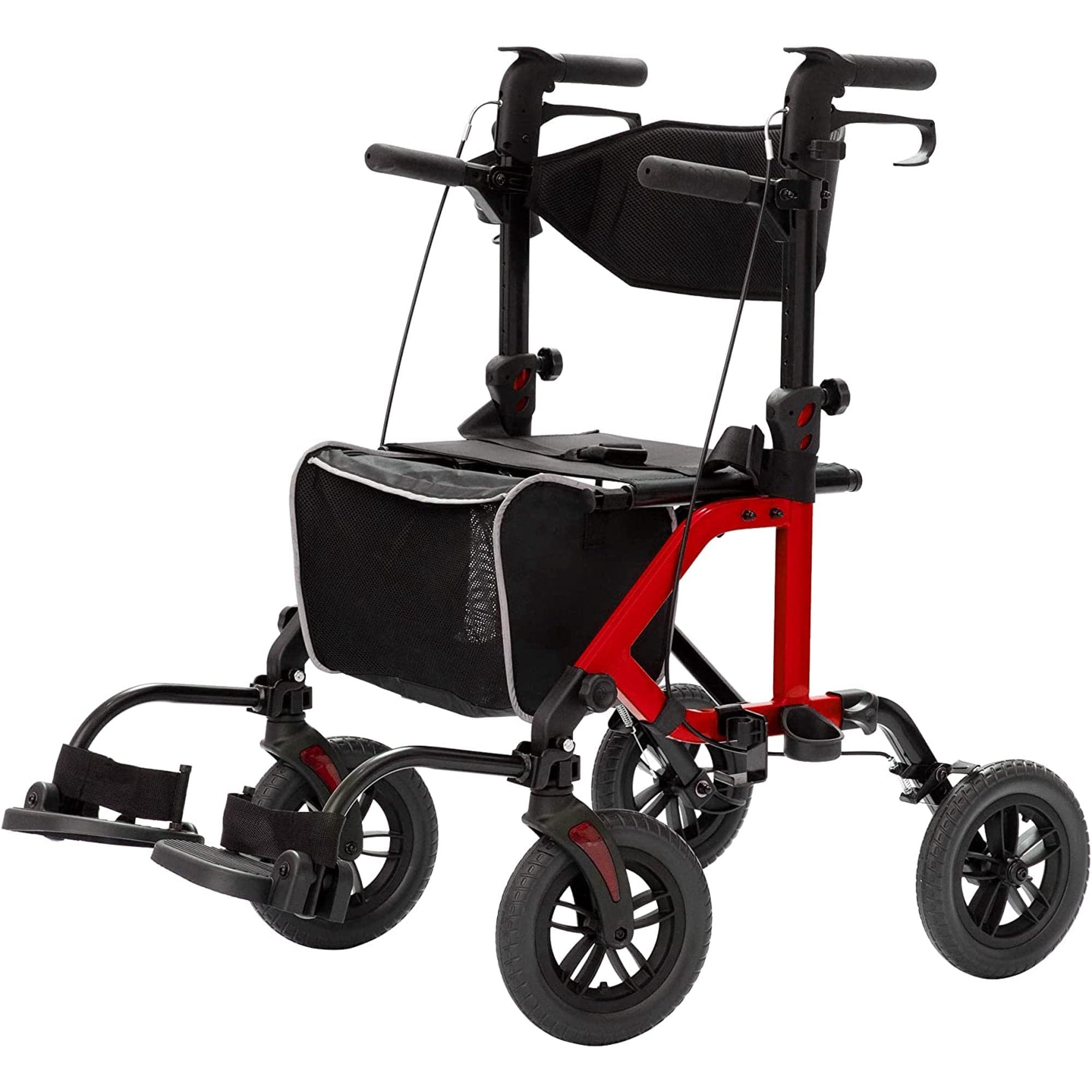 ELENKER? KLD-9224 All-Terrain 2 in 1 Rollator Walker & Transport Chair, Folding Wheelchair with 10in Non-Pneumatic Wheels for Seniors, Reversible Backrest & Detachable Footrests Red