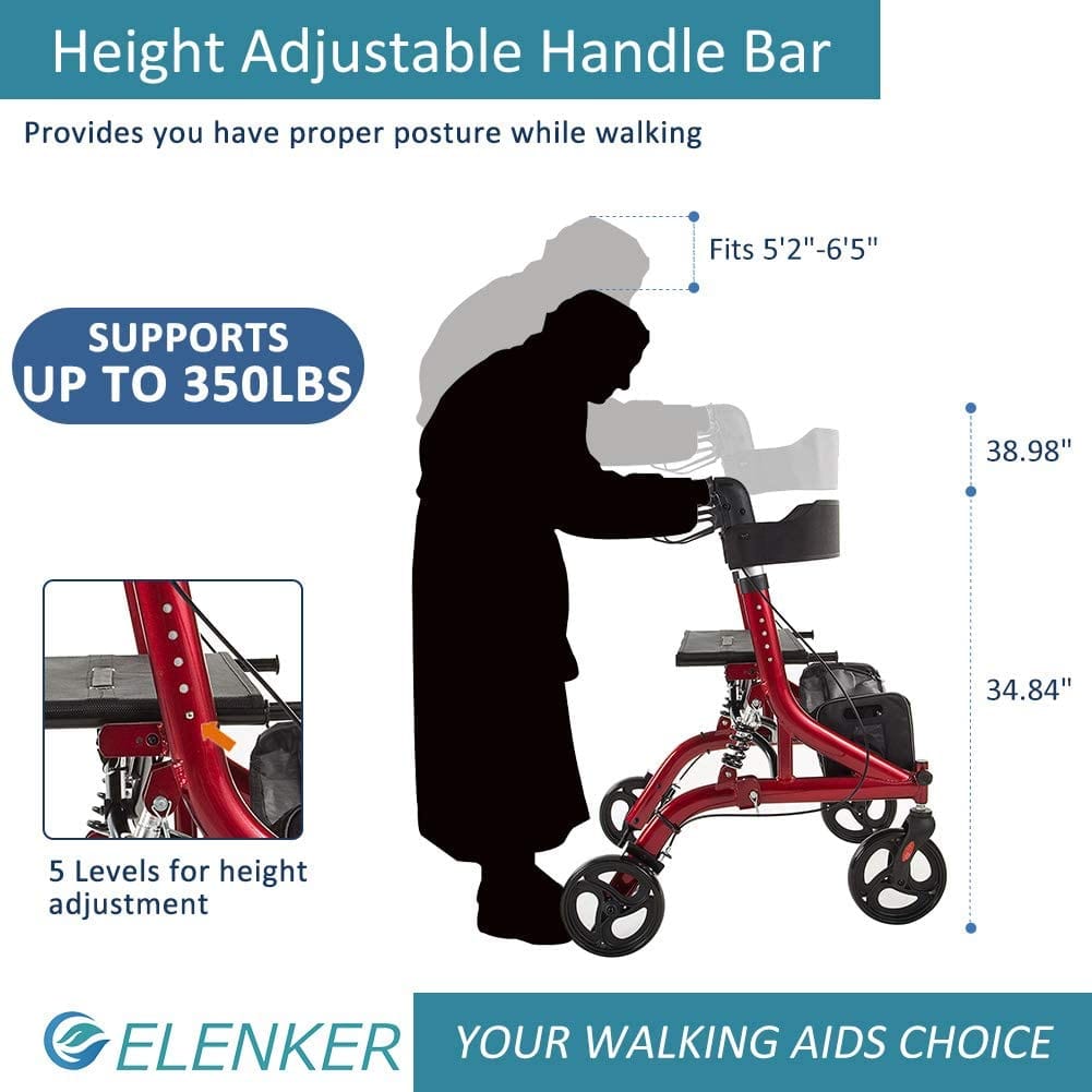 HFK-9211 ELENKER? Rollator Walker Shock Absorbing Carrying Bag for Seniors Red