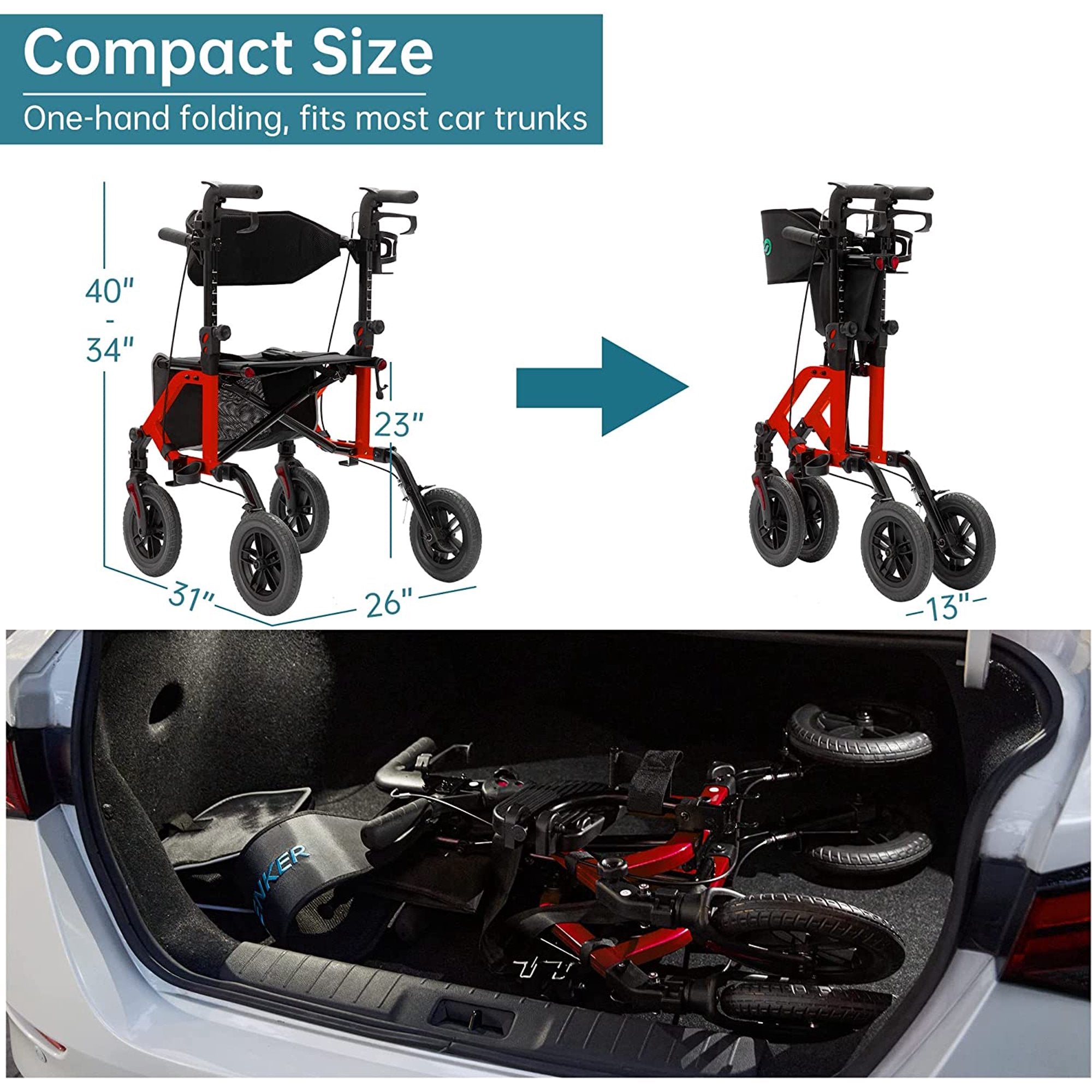 ELENKER? KLD-9224 All-Terrain 2 in 1 Rollator Walker & Transport Chair, Folding Wheelchair with 10in Non-Pneumatic Wheels for Seniors, Reversible Backrest & Detachable Footrests Red