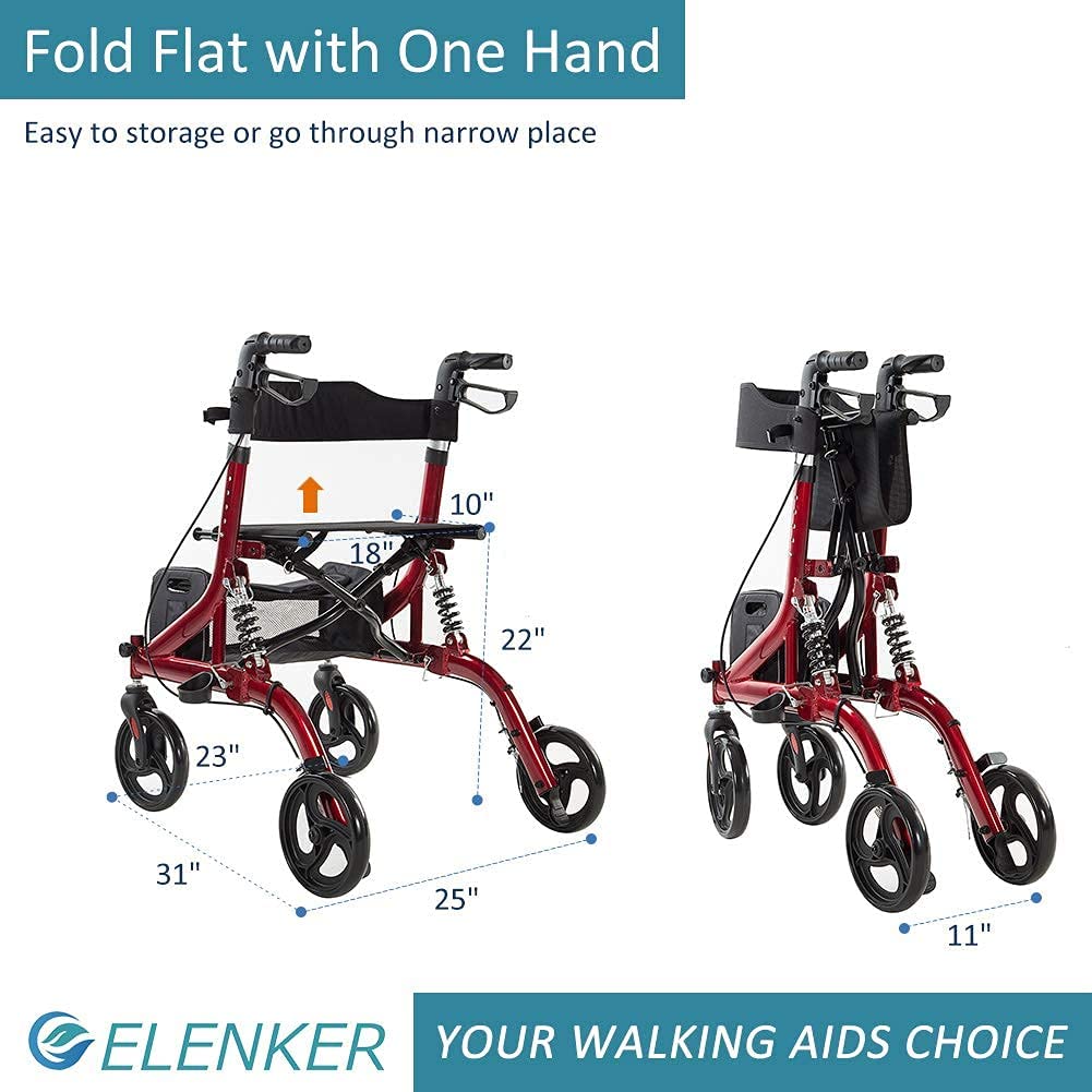 HFK-9211 ELENKER? Rollator Walker Shock Absorbing Carrying Bag for Seniors Red