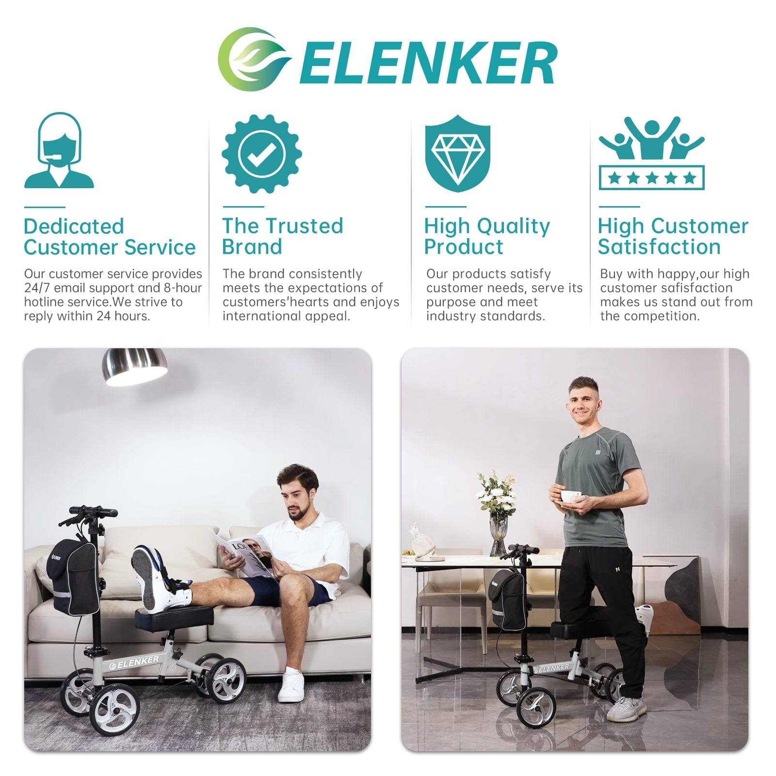 ELENKER? YF-9003C Steerable Knee Walker Deluxe Medical Scooter for Foot Injuries Compact Crutches Alternative Silver Refurbished