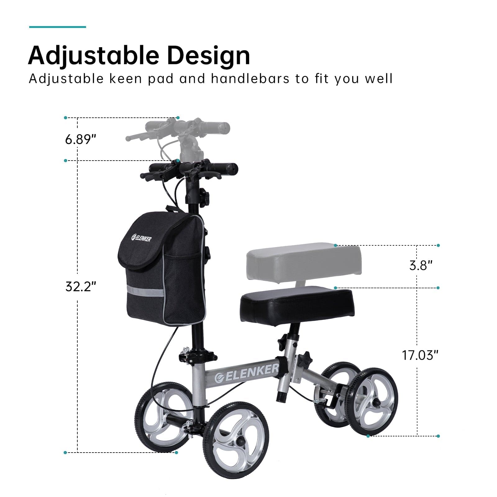 ELENKER? YF-9003C Steerable Knee Walker Deluxe Medical Scooter for Foot Injuries Compact Crutches Alternative Silver Refurbished