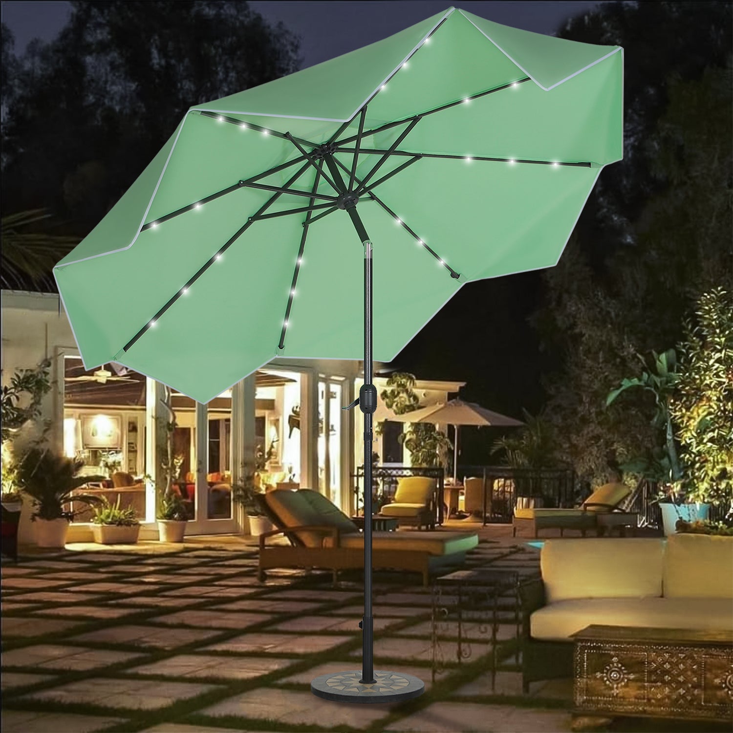 10ft Patio Umbrella with LED Solar Lights Auto-Tilt Market Outdoor Umbrella  | eBay