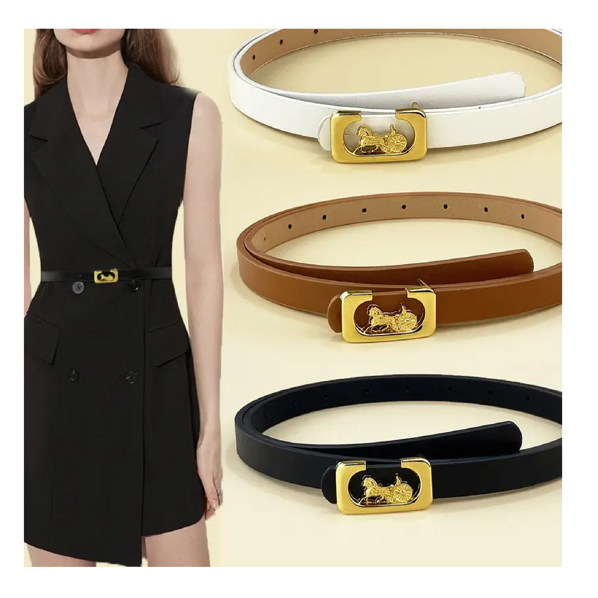 Trendy Golden Carriage Buckle Belts Classic Jeans Pants Waistband Vintage Solid Color PU Leather Belt For Women
