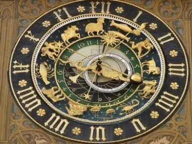 Clock face with astrological symbols
