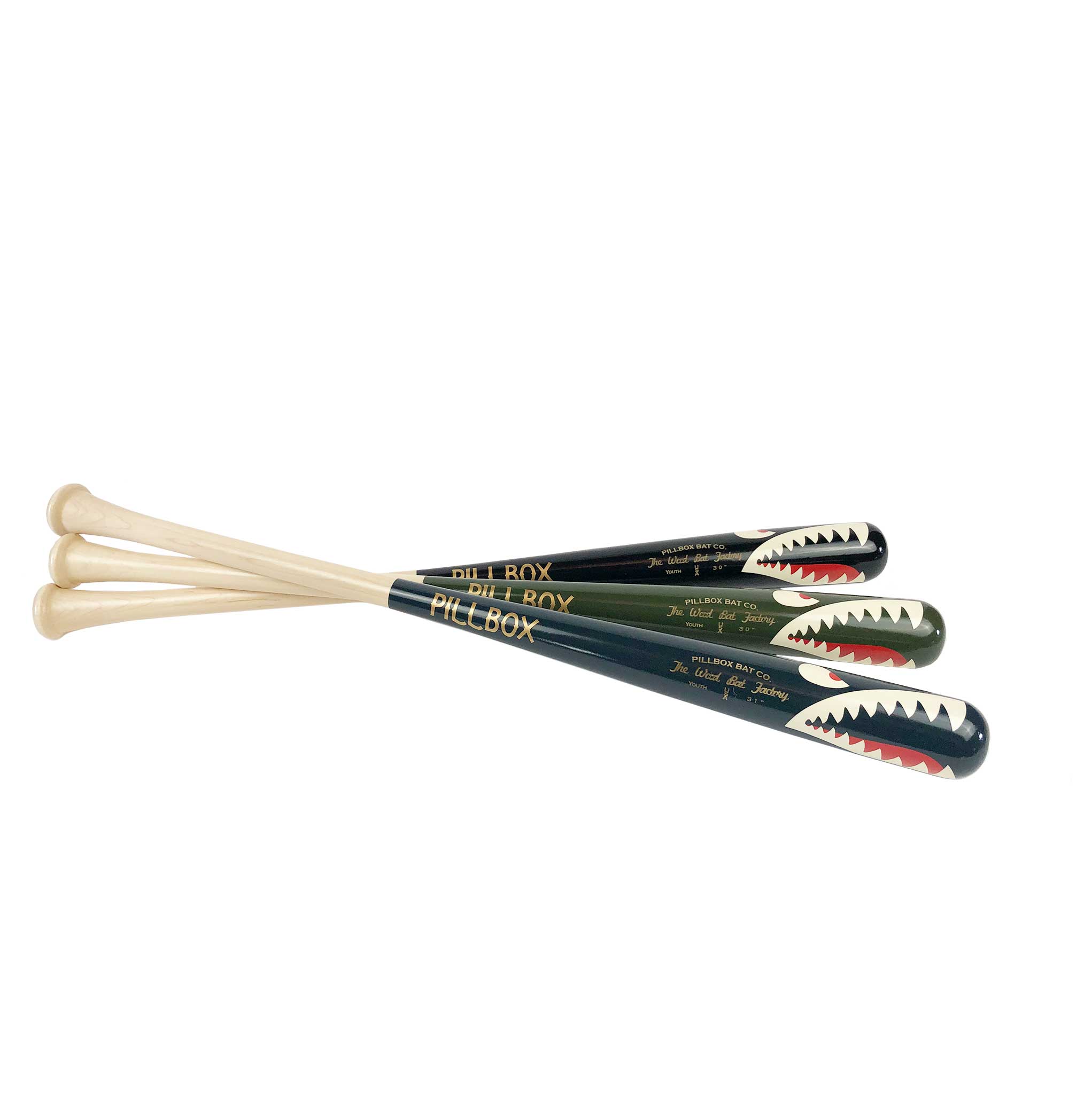 Pillbox Youth Shark Black (Bare Handle w/ White & Red Rings) Wood Baseball Bat | Maple | 29