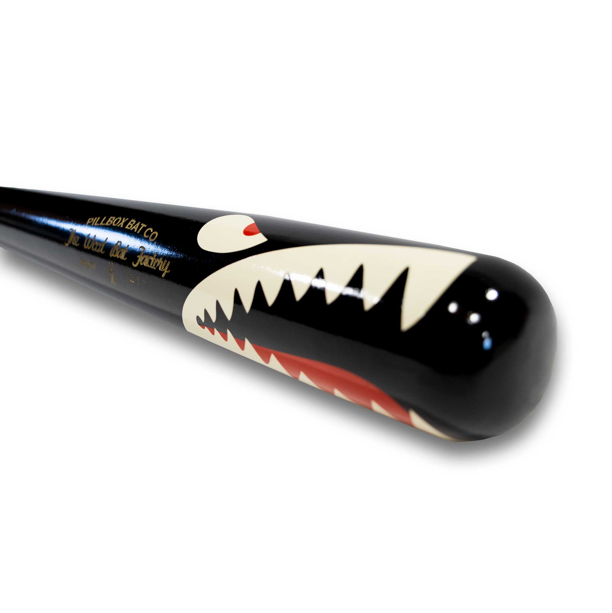 Pillbox Youth Shark Black (Bare Handle w/ White & Red Rings) Wood Baseball Bat | Maple | 29