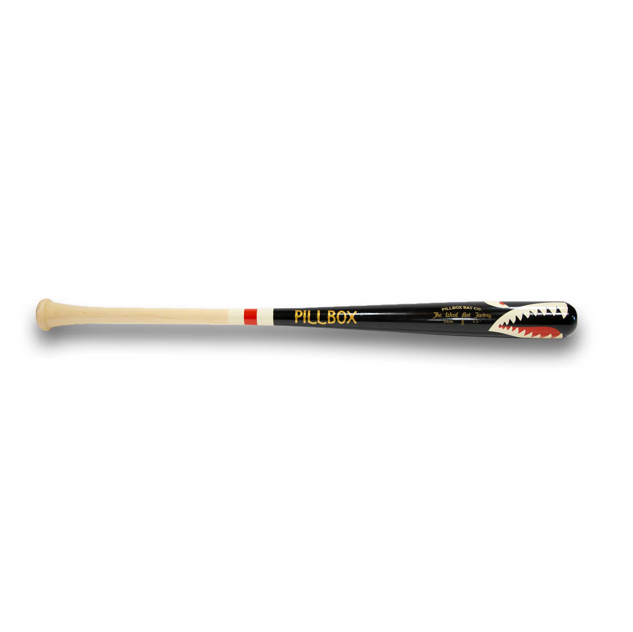 Pillbox Youth Shark Black (Bare Handle w/ White & Red Rings) Wood Baseball Bat | Maple | 29