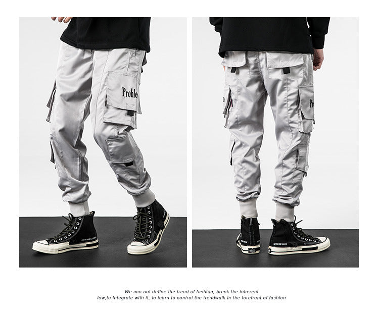 Lzhdiy Classic Cargo Pants for Men Outdoor Sports Trousers Pocket Loose Casual Style Tie Feet Boys Overalls
