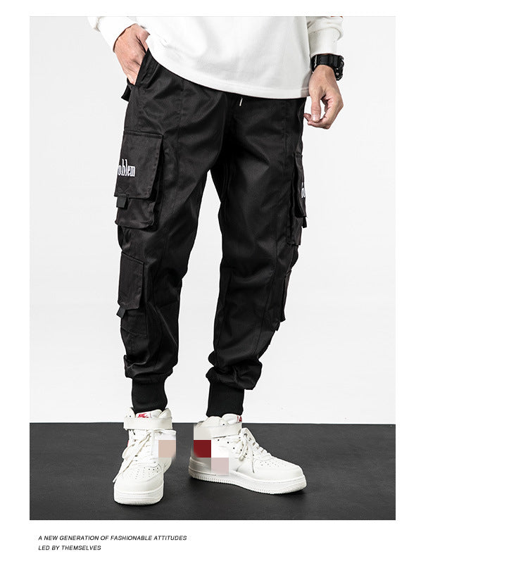 Lzhdiy Classic Cargo Pants for Men Outdoor Sports Trousers Pocket Loose Casual Style Tie Feet Boys Overalls