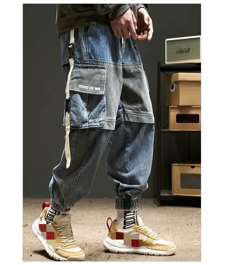 Lzhdiy Patchwork Cargo Jeans for Men Cargo Pants Pocket Outdoor Trousers Loose Safari Style Cool Overalls
