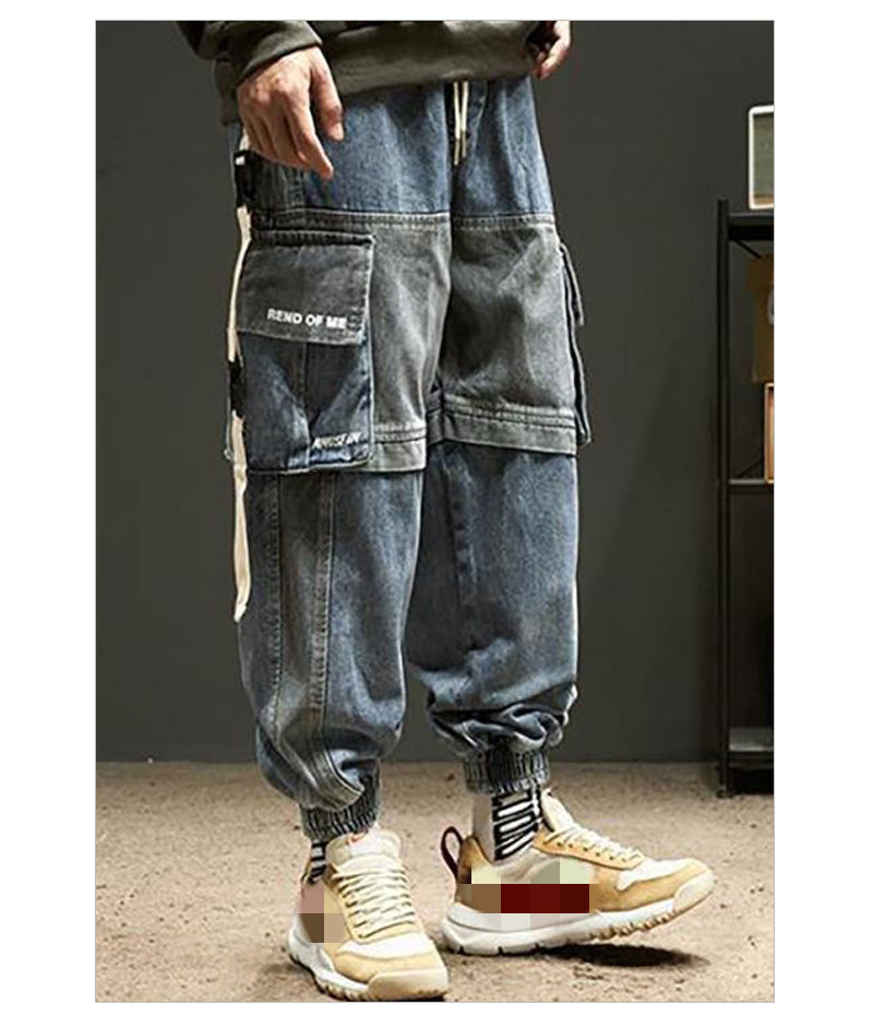 Lzhdiy Patchwork Cargo Jeans for Men Cargo Pants Pocket Outdoor Trousers Loose Safari Style Cool Overalls