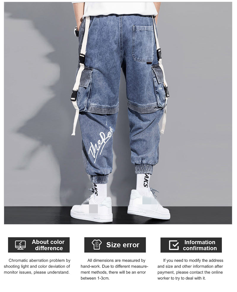 Lzhdiy Cargo Jeans for Men Cargo Pants  Outdoors Men Zipper Multiple Pockets  Bunched Foot Trousers