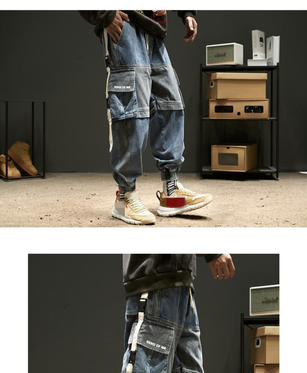 Lzhdiy Patchwork Cargo Jeans for Men Cargo Pants Pocket Outdoor Trousers Loose Safari Style Cool Overalls