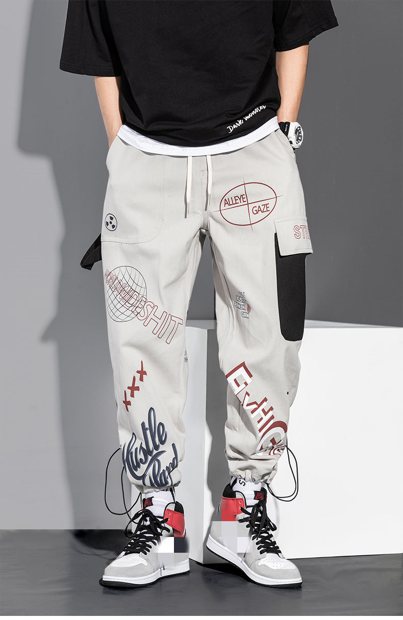 Lzhdiy Sports Loose Training Fittness Trousers Men Hip Hop Graffiti Casual Printing Cropped Cargo Pants for Men
