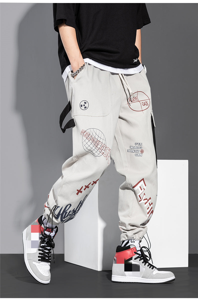 Lzhdiy Sports Loose Training Fittness Trousers Men Hip Hop Graffiti Casual Printing Cropped Cargo Pants for Men