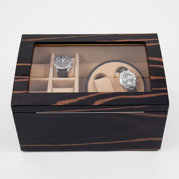 Lacquered Ebony Burl Wood Two-Watch Winder with Storage for Four Watches - OPEN BOX