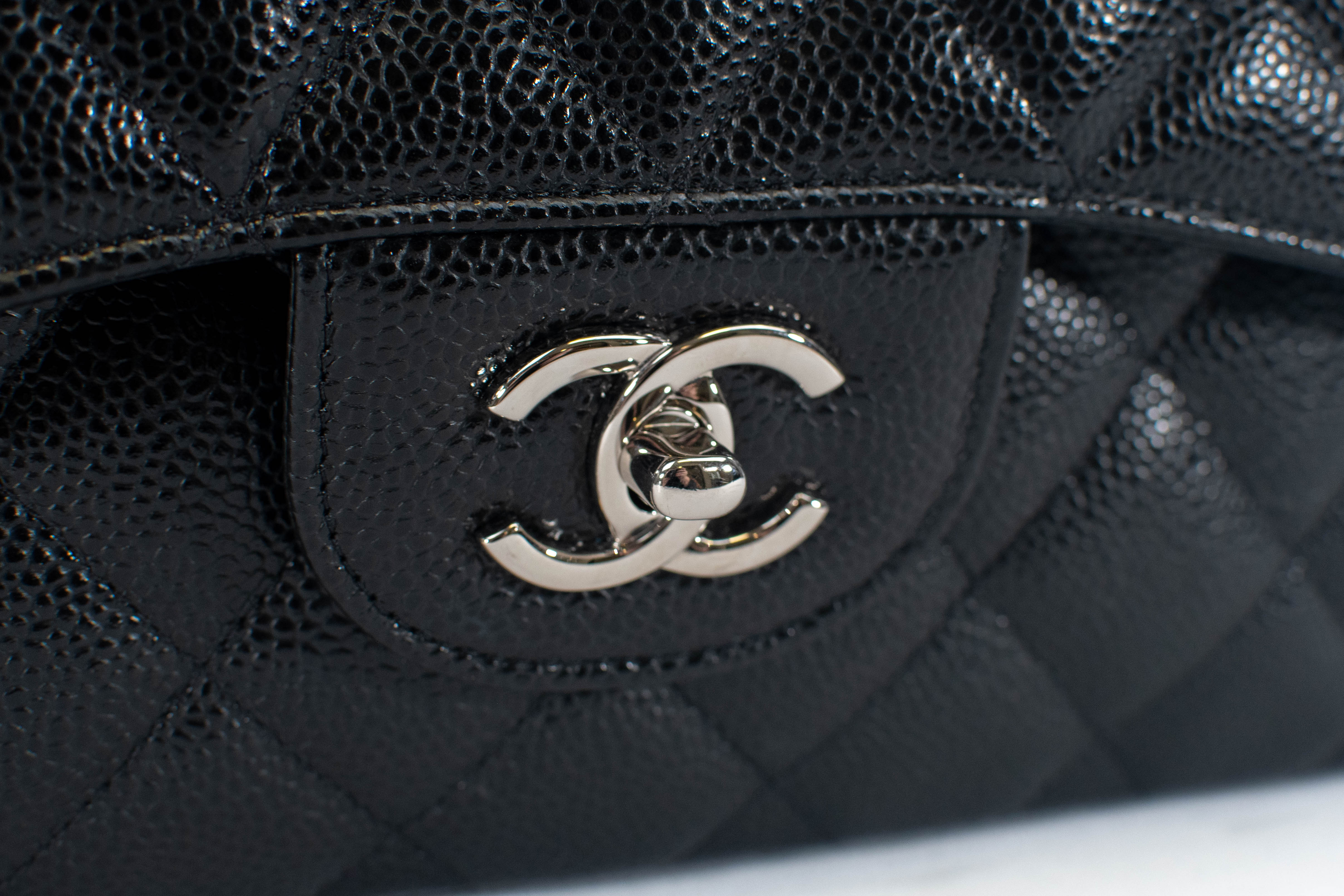 Chanel Black Caviar Leather Jumbo Double Flap SHW Shoulder Bag