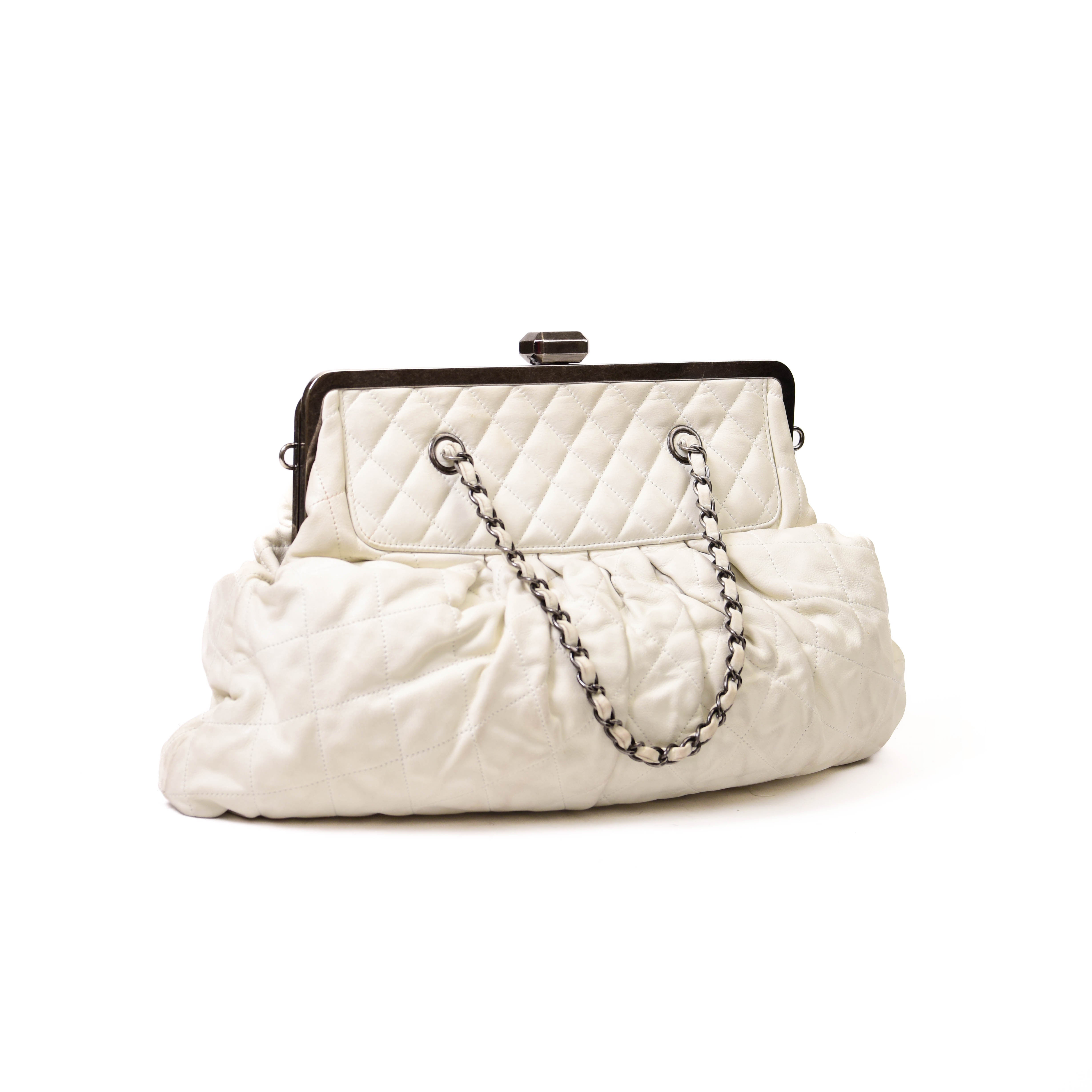 Chanel White Iridescent Calfskin Chic Quilt Frame Tote
