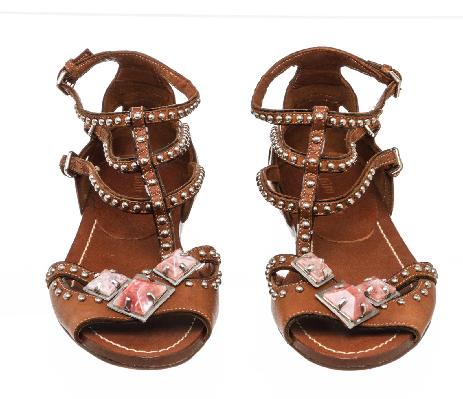 Miu Miu Brown Leather Embellished Gladiator Flat Sandals Size 35