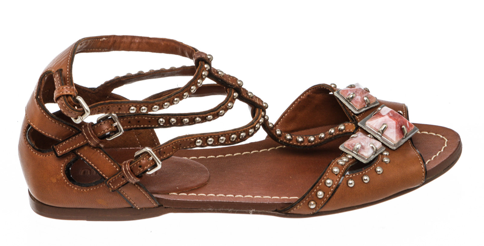 Miu Miu Brown Leather Embellished Gladiator Flat Sandals Size 35