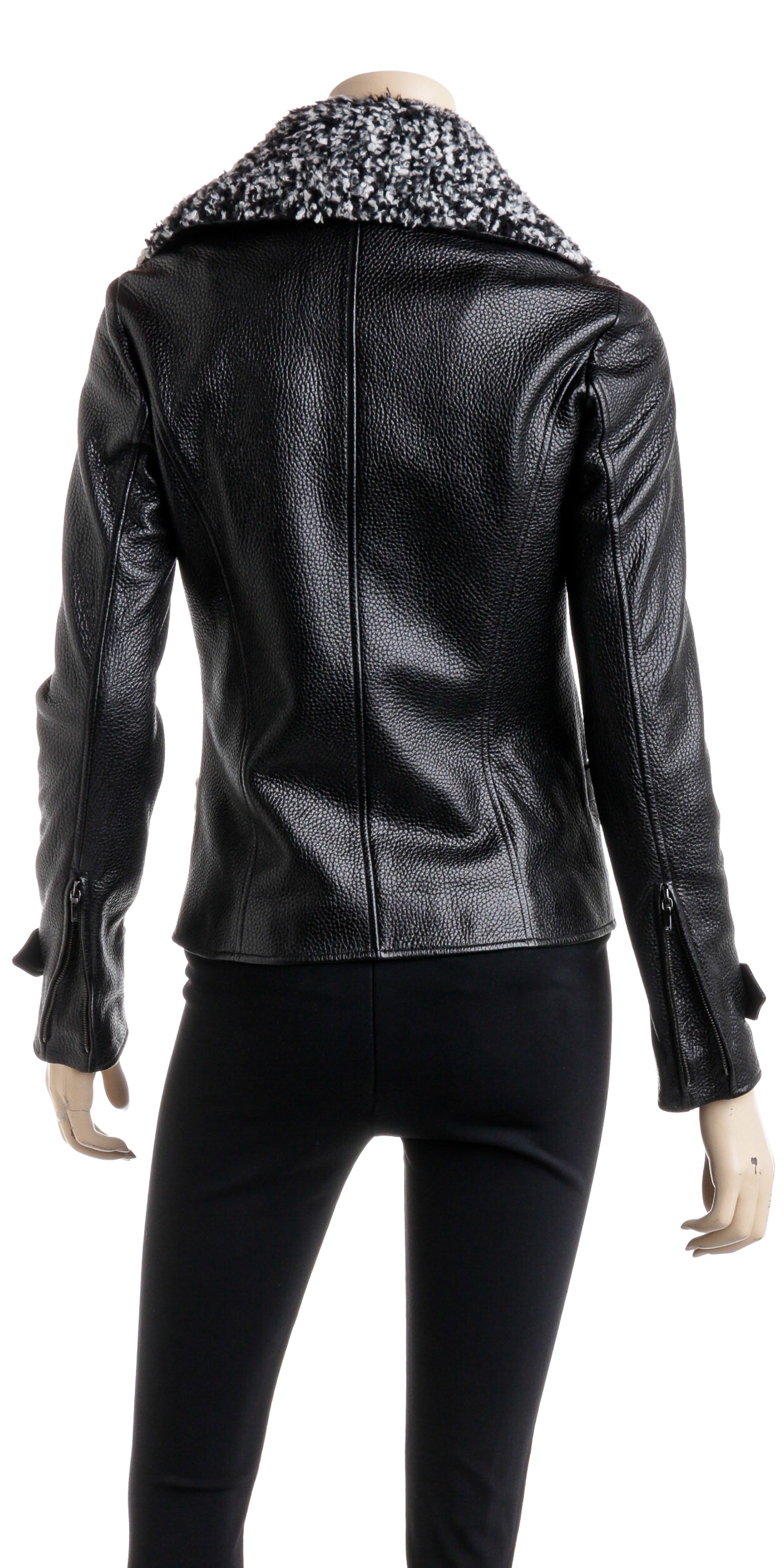 Chanel Black Leather Motorcycle Style Jacket with Boucle Collar Size 36