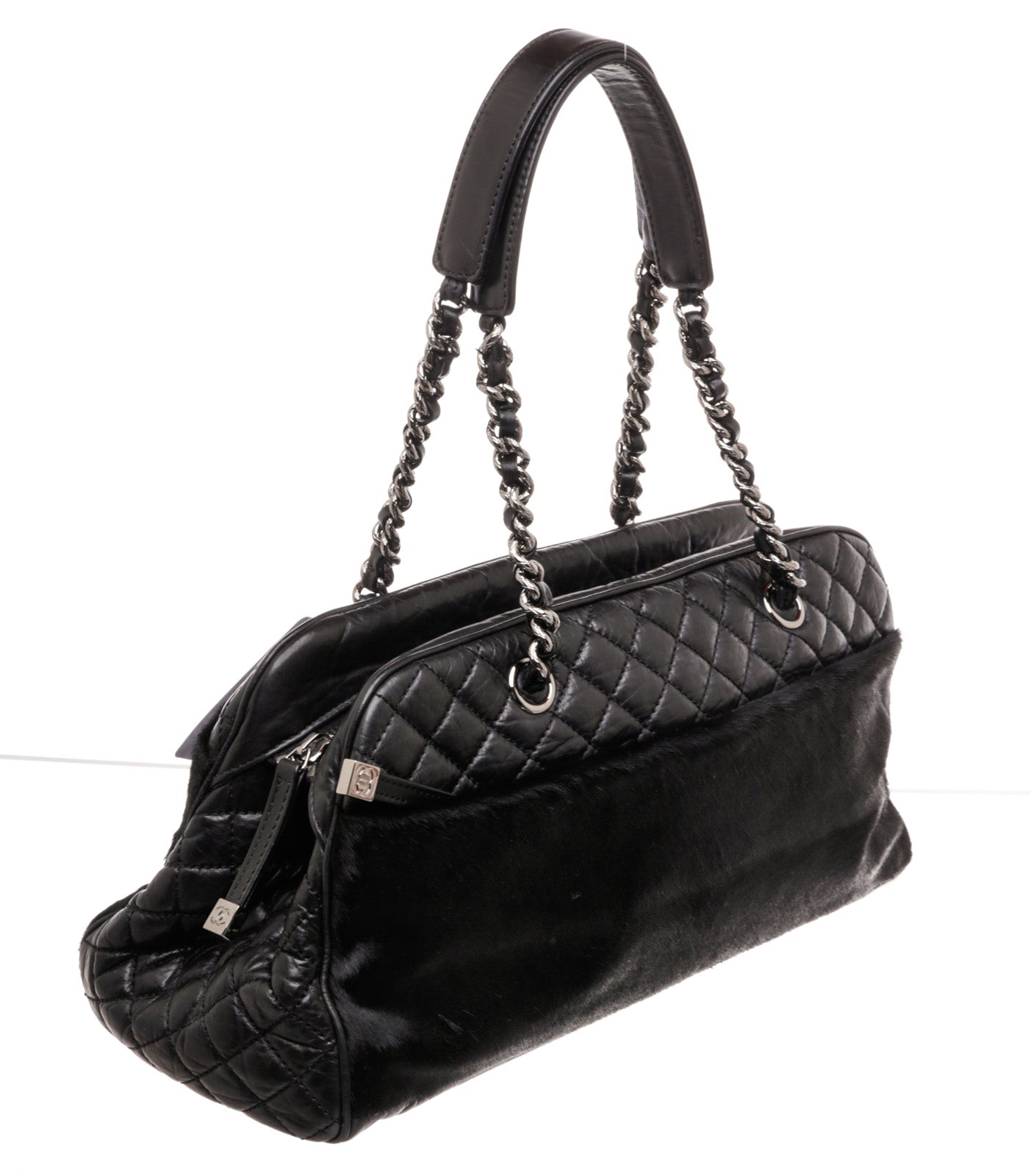 Chanel Black Lambskin Leather and Fur Satchel Silver Hardware