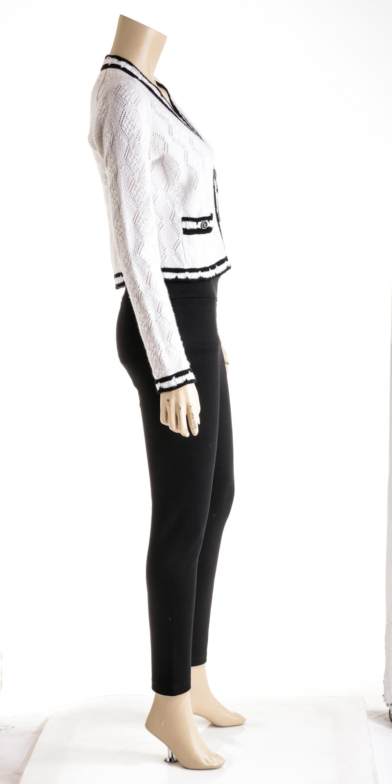 Chanel White and Black Stripe 22 Cashmere Knit Cropped Cardigan Size 38