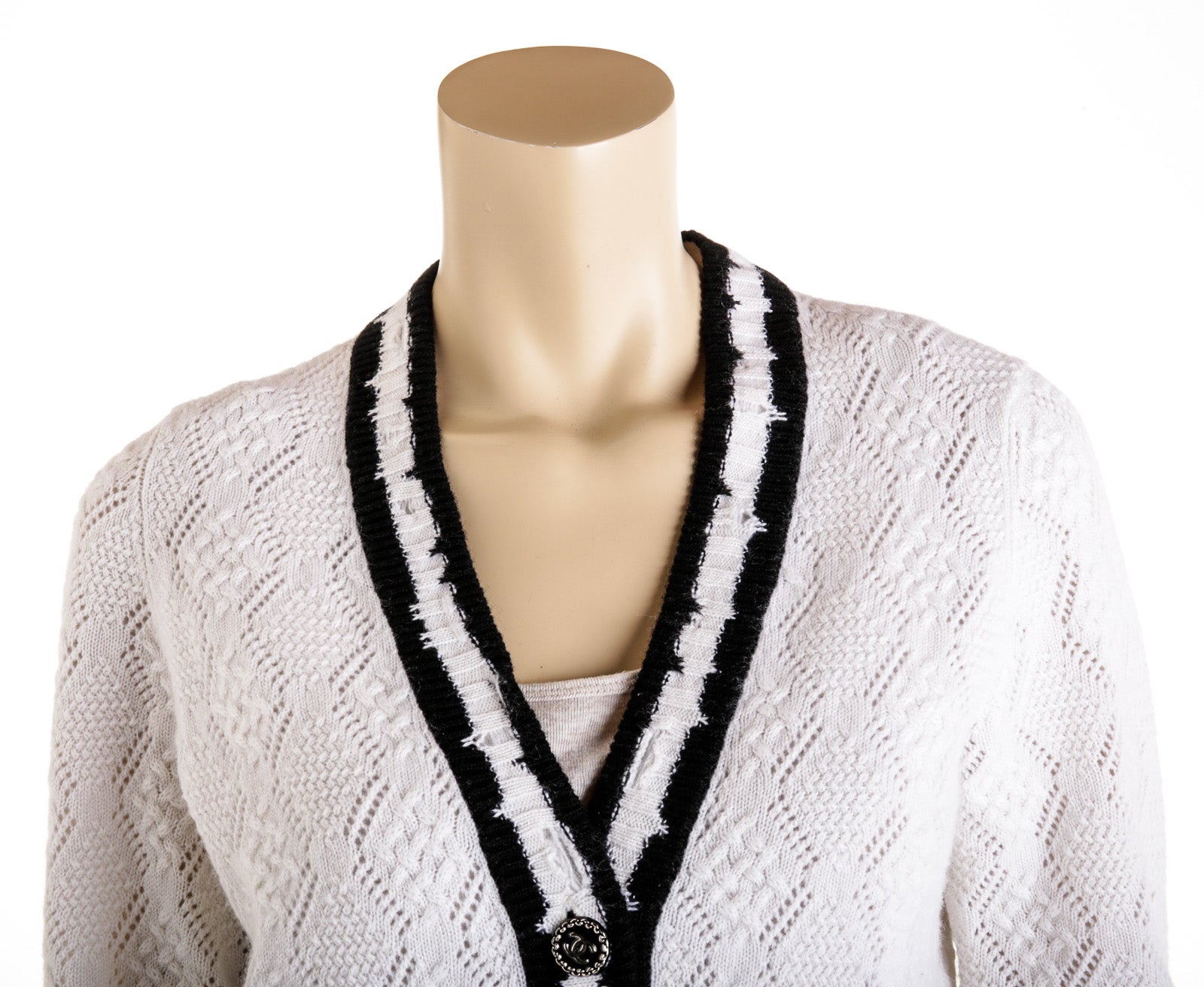 Chanel White and Black Stripe 22 Cashmere Knit Cropped Cardigan Size 38