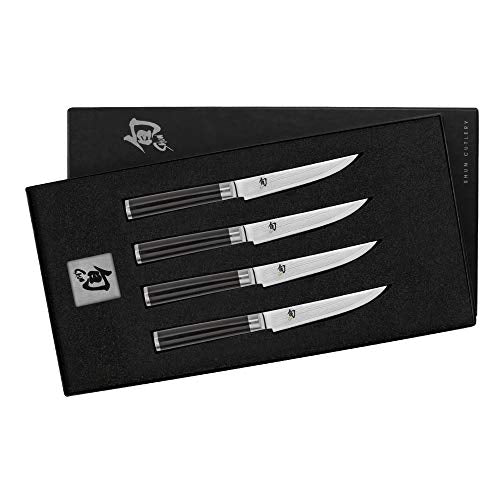 Shun DMS-400 Classic 4-Piece Knife Set Enhance Dinners with Elegant, Razor-Sharp Handcrafted of VG-MAX and Damascus Steel Striking PakkaWood Handles Four Steak Knives with 4.75