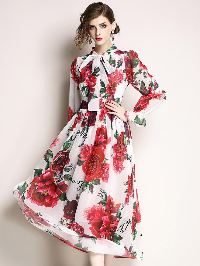 dressesstar: Elegant Rose Pattern Puff Sleeve Lacing Big Hem Maxi Dres