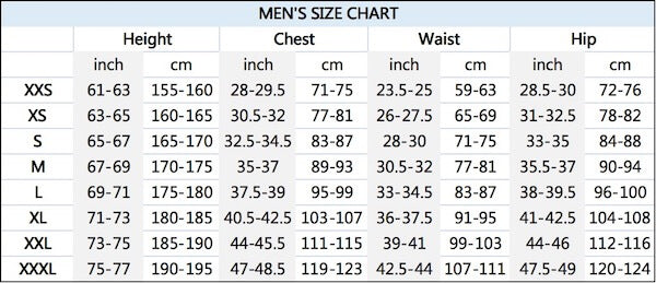 Vendor CP001 Size Chart for men