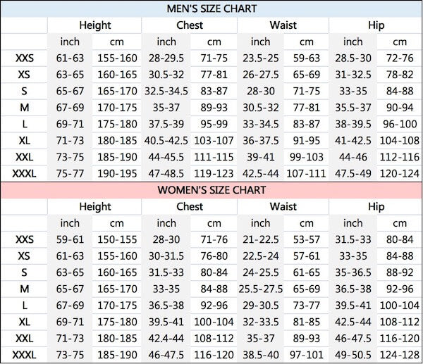 vendor cp001 size chart for men & women