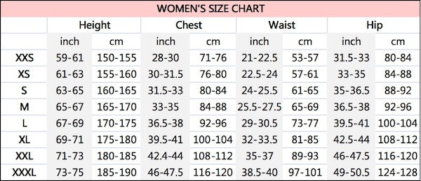 vendor cp001 size chart for women