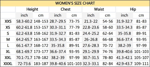 vendor cp002 size chart for women