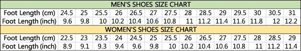Vendor CP002 Shoes Size Chart