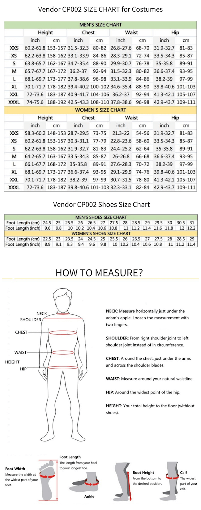 Vendor CP002 Size Chart