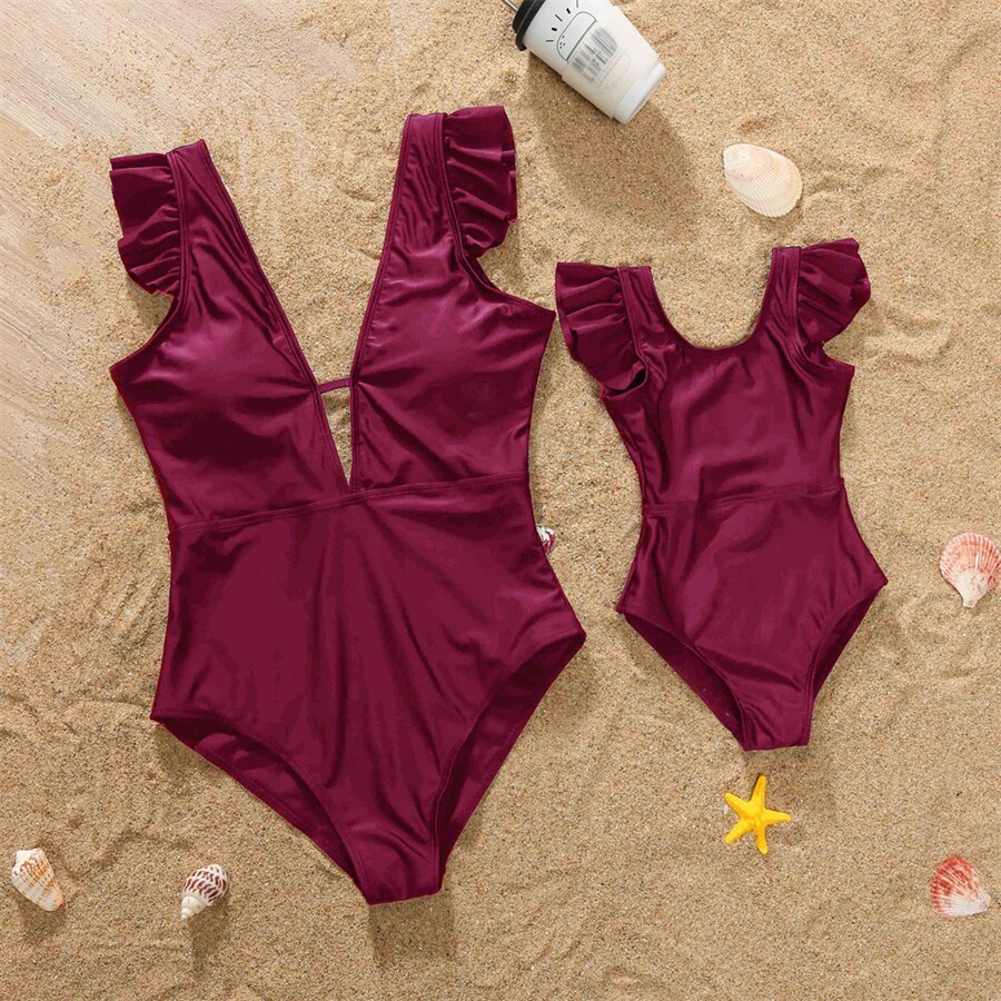 Mommy and Me Swimsuit Solid Color Mother Daughter Matching One Piece Swimwear