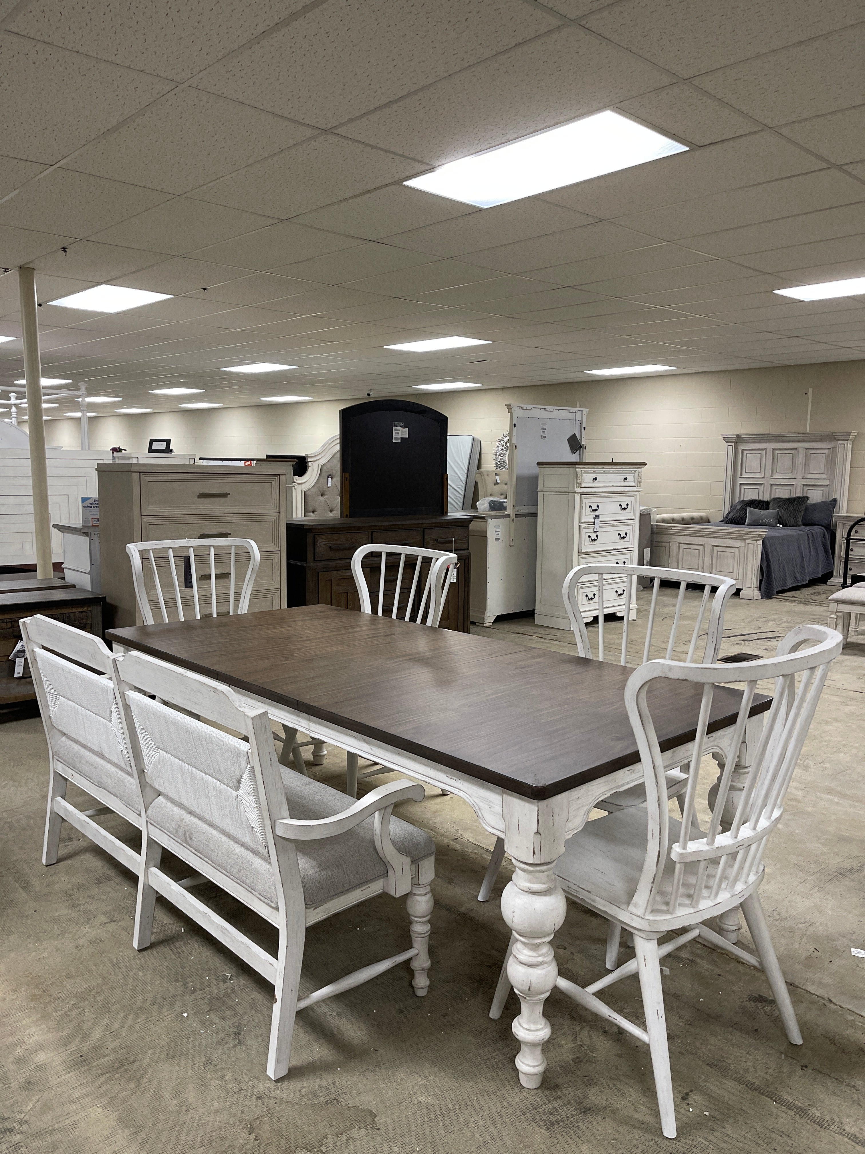 Liberty Furniture River Place Rectangular Leg Table  w/4 Windsor Back Side Chairs & a Bench in Riverstone White & Tobacco