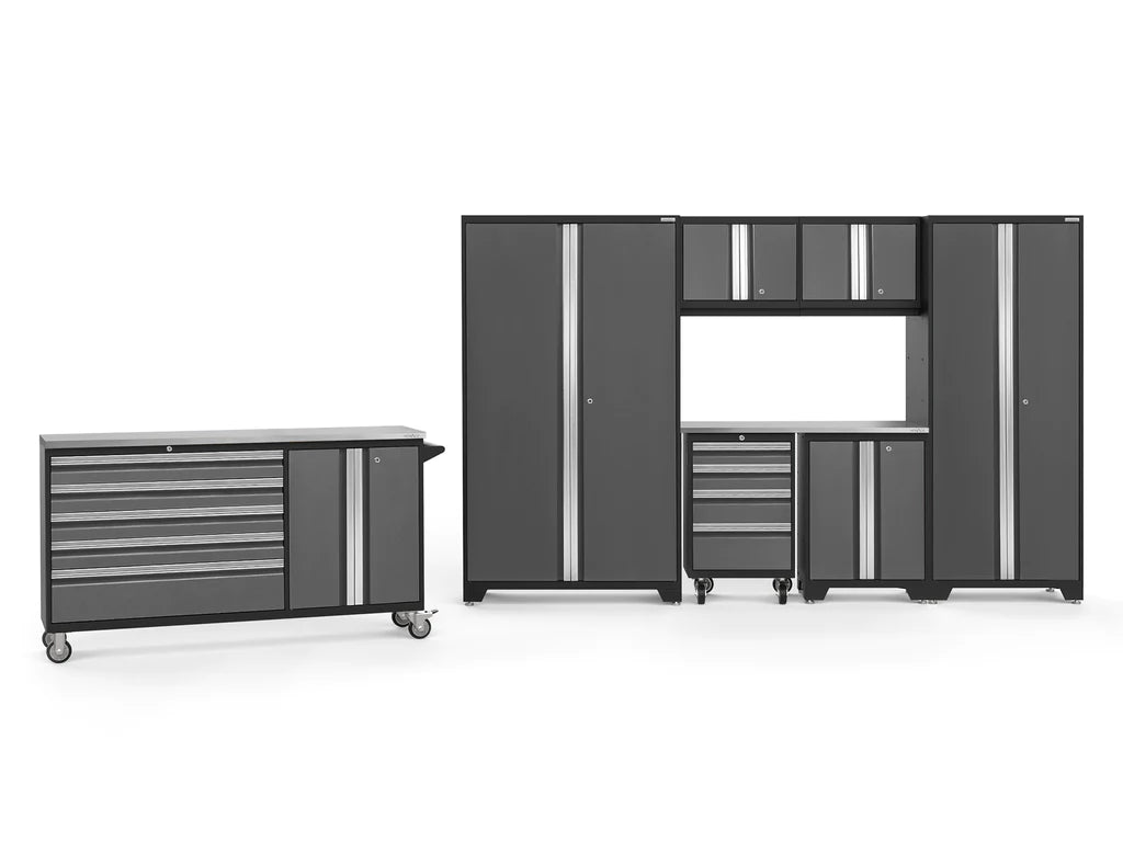 NewAge Bold 3.0 Series 8 Piece Cabinet Set with Project Center, Tool Drawer, Base, Wall Cabinets and Lockers Stainless Steel